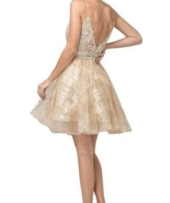 Dancing Queen - 3152 Embroidered Deep V-neck A-line Dress Cocktail Dresses