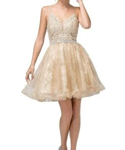 Dancing Queen - 3152 Embroidered Deep V-neck A-line Dress Cocktail Dresses