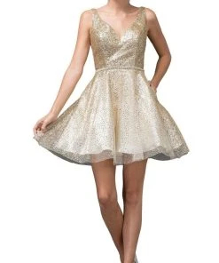 Dancing Queen - 3178 Embellished V-neck A-line Dress Cocktail Dresses