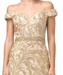 Cocktail Dresses Dancing Queen - 3218 Embellished Deep Off-Shoulder Sheath Dress