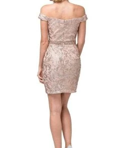 Cocktail Dresses Dancing Queen - 3218 Embellished Deep Off-Shoulder Sheath Dress