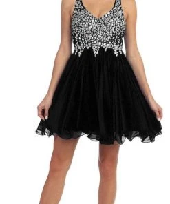 Dancing Queen 8997 Crystal Beaded V-Neck Chiffon A-Line Dress - 1 Pc Black In Size 3XL Available Cocktail Dresses