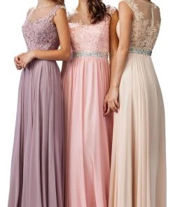 Formal Gowns Dancing Queen - 9400 Illusion Neckline Beaded Belt A-Line Dress