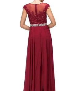 Formal Gowns Dancing Queen - 9400 Illusion Neckline Beaded Belt A-Line Dress