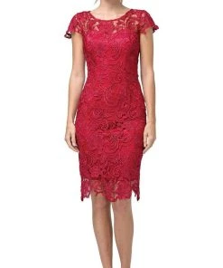 Dancing Queen - 9677 Lace Embroidered Scoop Neck Fitted Dress