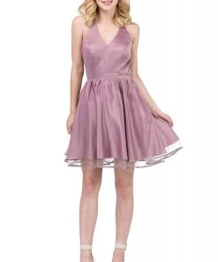 Dancing Queen - 9836 Lace V-neck A-line Dress Cocktail Dresses