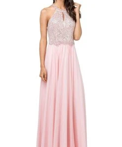 Formal Gowns Dancing Queen - Bead Embellished Halter Evening Dress 2402 - 1 Pc Blush In Size M Available