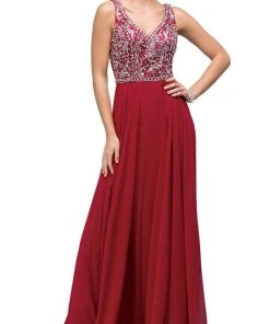 Dancing Queen - Beaded V-Neck Chiffon A-line Dress 9589 - 2 Pc Champagne In Size M And L Available