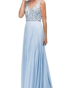 Dancing Queen - Beaded V-Neck Chiffon A-line Dress 9589 - 2 Pc Champagne In Size M And L Available