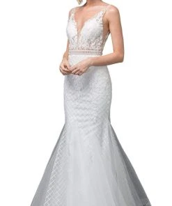 Formal Gowns Dancing Queen Bridal - 123 Embroidered Deep V-neck Mermaid Dress
