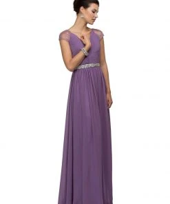 Dancing Queen Illusion Cap Sleeve Pleated V-Neck Chiffon Evening Dress 9182 Formal Gowns