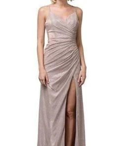 Formal Gowns Dancing Queen - Pleated Surplice High Slit Metallic Dress 2875 - 1 Pc Rose Gold In Size M Available