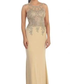 Dancing Queen - Sheer Cap Sleeves Gold Tone Lace Applique Gown 9173 - 1 Pc. Nude In Size Medium Available