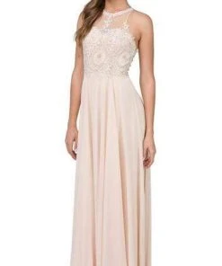 Formal Gowns Dancing Queen - Sleeveless Illusion Jewel Lace Ornate Prom Gown 2234 - 2 Pcs Blush In Size XS And 3XL Available