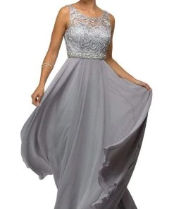 Dancing Queen - Sleeveless Lace Bodice Chiffon Prom Dress 9325 - 1 Pc Silver In Size XS Available Formal Gowns