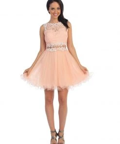 Dancing Queen Sleeveless Lace Illusion Tulle Short Prom Dress 9080 Cocktail Dresses
