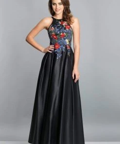 Dave & Johnny - Floral Embroidered Jewel Bodice A-Line Gown A7616 - 1 Pc Black In Size 12 Available Formal Gowns