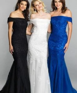 Formal Gowns Dave & Johnny - Off Shoulder Lace Ornate Mermaid Gown 3377 - 1 Pc Saphire Blue In Size 4 Available
