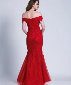 Formal Gowns Dave & Johnny - Off Shoulder Lace Ornate Mermaid Gown 3377 - 1 Pc Saphire Blue In Size 4 Available