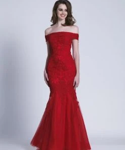 Formal Gowns Dave & Johnny - Off Shoulder Lace Ornate Mermaid Gown 3377 - 1 Pc Saphire Blue In Size 4 Available