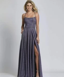 Formal Gowns Dave & Johnny - Scoop Neck Spaghetti Strap Glitter Knit A-Line Dress With Slit A6933 - 1 Pc Lavender In Size 4 And 1 Pc Sapphire Blue In Size 4 Available