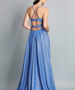 Formal Gowns Dave & Johnny - Scoop Neck Spaghetti Strap Glitter Knit A-Line Dress With Slit A6933 - 1 Pc Lavender In Size 4 And 1 Pc Sapphire Blue In Size 4 Available