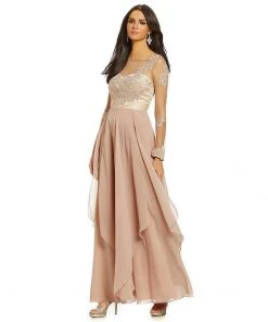 Formal Gowns Decode 1.8 - 182825 Illusion Long Sleeve Layered Chiffon Dress - 1 Pc. Mauve In Size 4 Available
