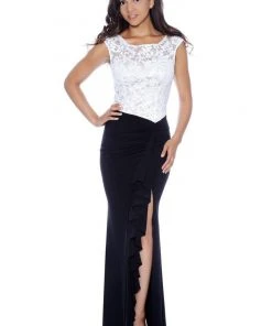 Formal Gowns Decode 1.8 - Lacy Two-Toned Draped Slit Gown 182909