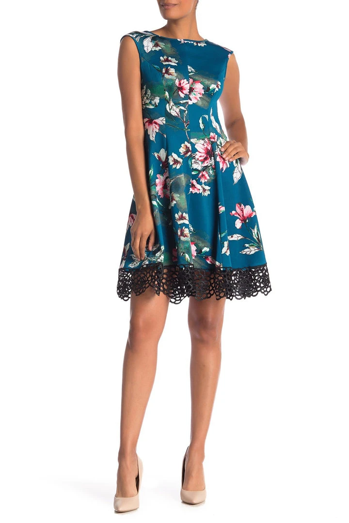 Donna Ricco - DR50916 Floral Printed Bateau Scuba A-line Dress Cocktail Dresses 3 Donna Ricco - DR50916 Floral Printed Bateau Scuba A-line Dress Cocktail Dresses