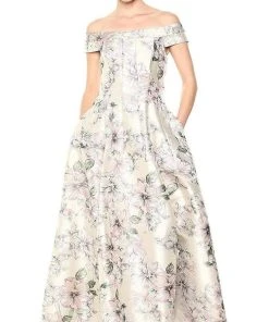 Long Dresses Eliza J Evening - Floral Printed Off-Shoulder A-line Dress EJ8M8107 - 1 Pc Blush In Size 12 Available