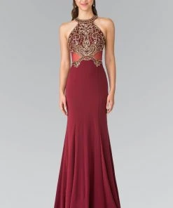 Formal Gowns Elizabeth K - Bead Embellished Halter Sheer Back Evening Gown GL2328 - 1 Pc Burgundy In Size XS Available
