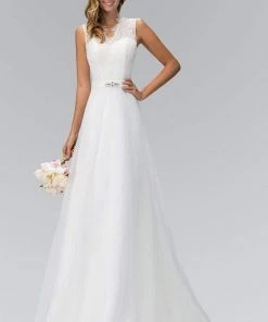 Formal Gowns Elizabeth K Bridal - GL1416 Sleeveless Fringed Lace Bodice A-Line Wedding Gown