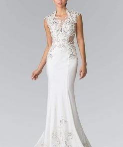 Elizabeth K Bridal - GL2326 Beaded Queen Anne Jersey Sheath Wedding Dress Formal Gowns