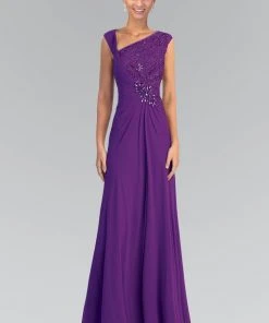 Elizabeth K - GL1003 One Shoulder Ruched Applique Gown Formal Gowns