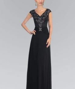 Formal Gowns Elizabeth K - GL1048 Beaded Cap Sleeve V-neck A-line Dress 14 Formal Gowns Elizabeth K - GL1048 Beaded Cap Sleeve V-neck A-line Dress