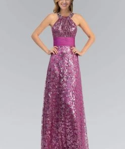 Formal Gowns Elizabeth K - GL1064 Metallic Lace Halter A-Line Gown