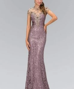 Elizabeth K - GL1065 Bead Embellished Lace Sheath Dress Formal Gowns