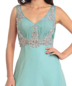 Elizabeth K - GL1073 Adorned V-Neck Illusion A-Line Gown Formal Gowns