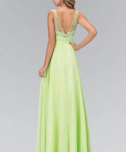 Elizabeth K - GL1073 Adorned V-Neck Illusion A-Line Gown Formal Gowns