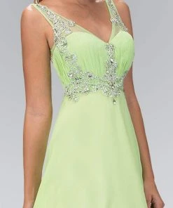 Elizabeth K - GL1073 Adorned V-Neck Illusion A-Line Gown Formal Gowns