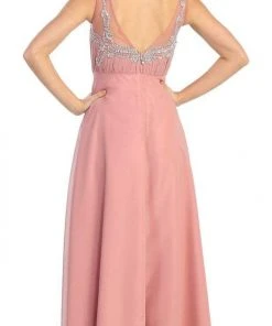 Elizabeth K - GL1073 Adorned V-Neck Illusion A-Line Gown Formal Gowns