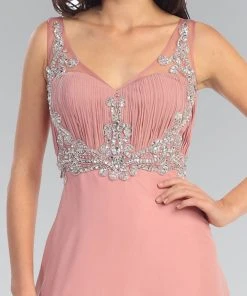 Elizabeth K - GL1073 Adorned V-Neck Illusion A-Line Gown Formal Gowns