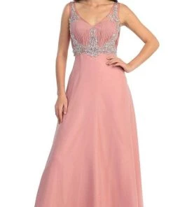 Elizabeth K - GL1073 Adorned V-Neck Illusion A-Line Gown Formal Gowns