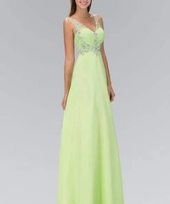 Elizabeth K - GL1073 Adorned V-Neck Illusion A-Line Gown Formal Gowns