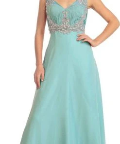 Elizabeth K - GL1073 Adorned V-Neck Illusion A-Line Gown Formal Gowns