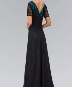 Elizabeth K - GL1081 Lace Embellished Short Sleeve V-neck Dress 9 Elizabeth K - GL1081 Lace Embellished Short Sleeve V-neck Dress