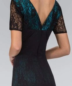 Elizabeth K - GL1081 Lace Embellished Short Sleeve V-neck Dress 11 Elizabeth K - GL1081 Lace Embellished Short Sleeve V-neck Dress