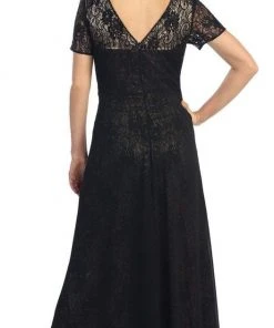 Elizabeth K - GL1081 Lace Embellished Short Sleeve V-neck Dress 12 Elizabeth K - GL1081 Lace Embellished Short Sleeve V-neck Dress