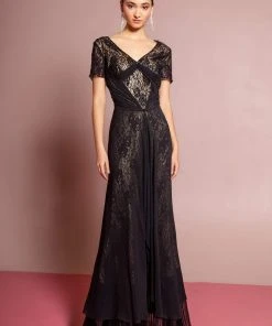 Elizabeth K - GL1081 Lace Embellished Short Sleeve V-neck Dress 13 Elizabeth K - GL1081 Lace Embellished Short Sleeve V-neck Dress