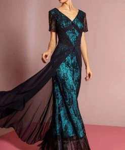 Elizabeth K - GL1081 Lace Embellished Short Sleeve V-neck Dress